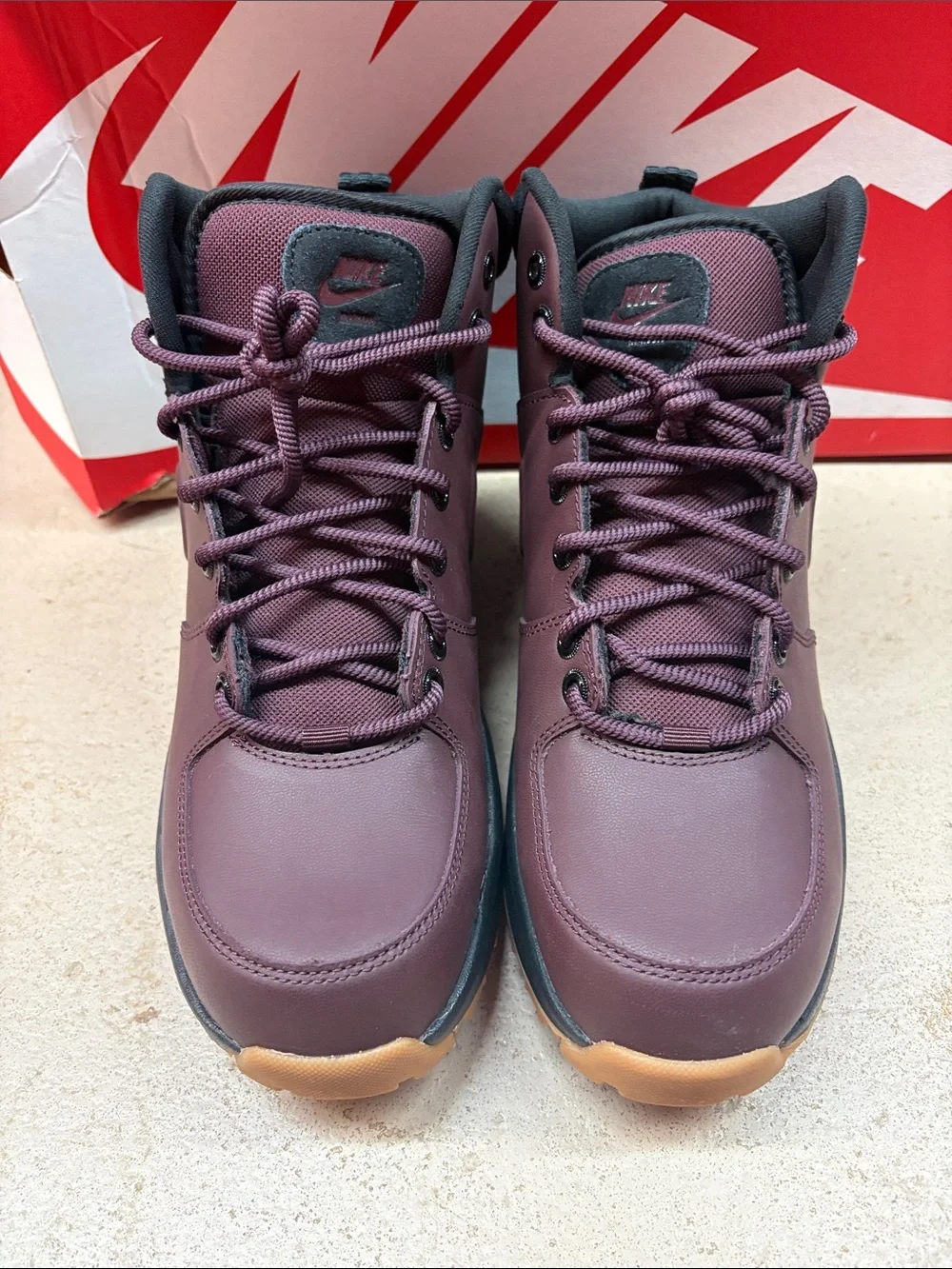 Nike Burgundy Manoa and Gum Sole Trail Mid Boots